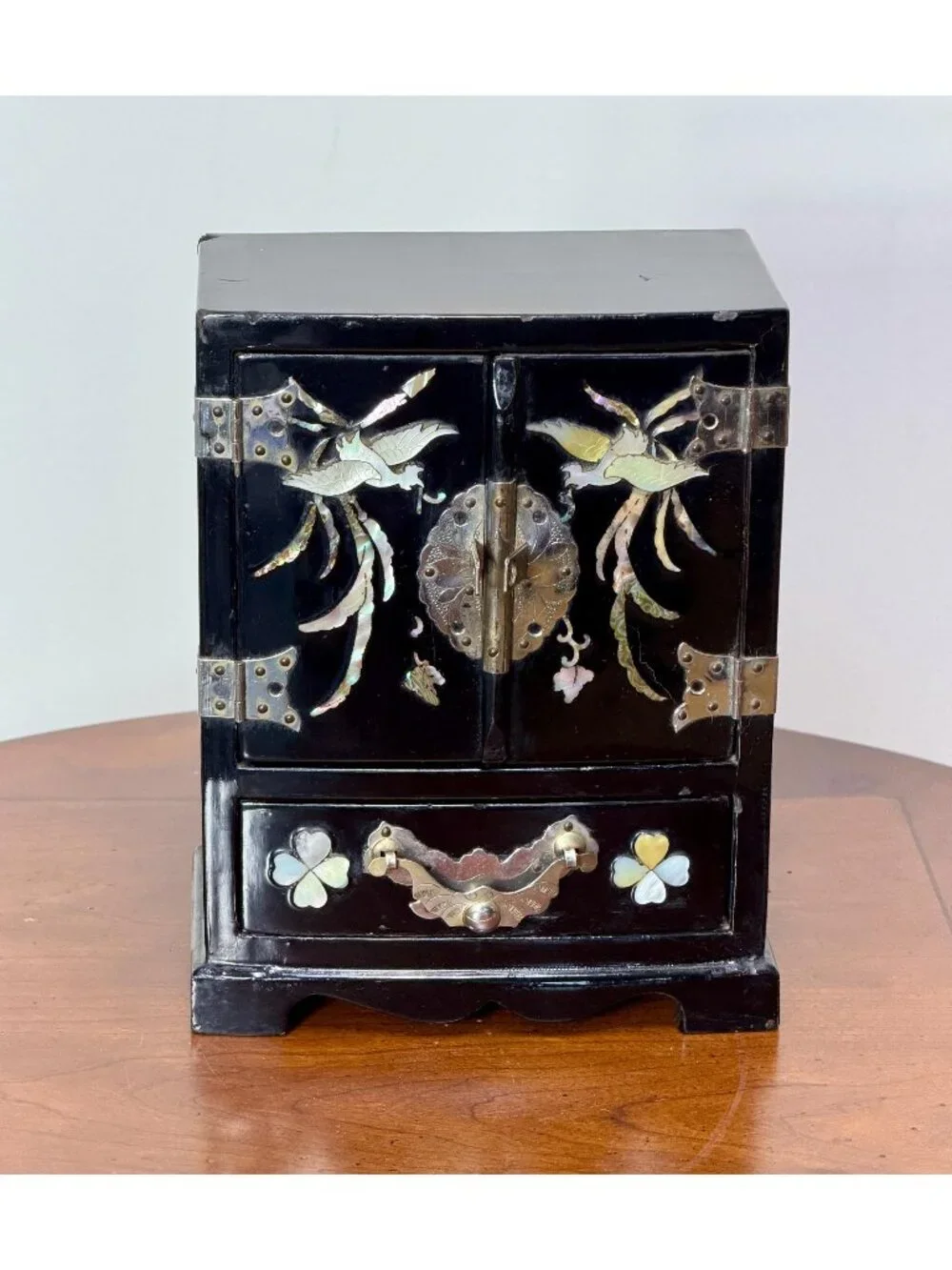 Vintage Asian black lacquer jewelry chest mother-of-pearl inlay red drawers